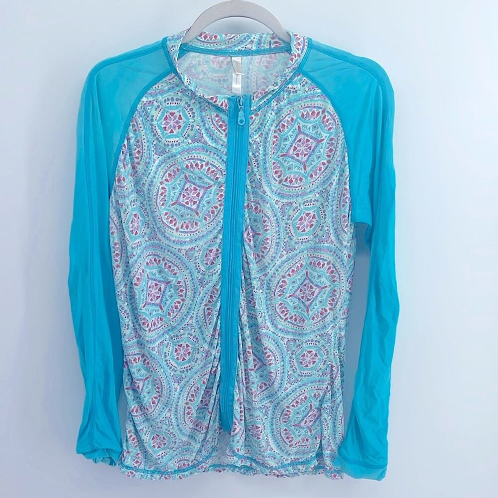 Helen Jon long sleeve full zip printed mock neck rash guard coverup sz L